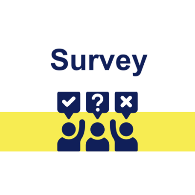 Survey with icon of 3 people with a tick, a question mark, and a cross