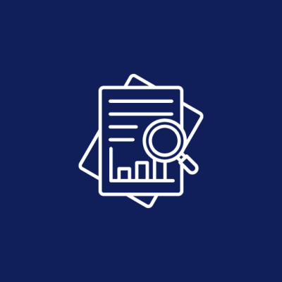 An icon of a report page. Lines resembling text and a magnifying glass icon.