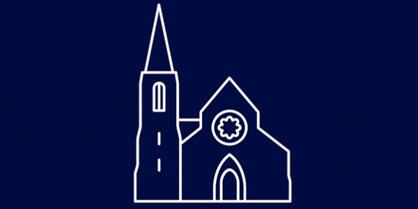 White line drawing of Christchurch Cathedral on navy background. 