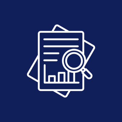 An icon of a report page. Lines resembling text and a magnifying glass icon.