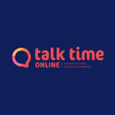 A logo with orange text that says talk time online, with a speech bubble on a white background