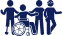 Dark blue icon of 4 people with various disabilities