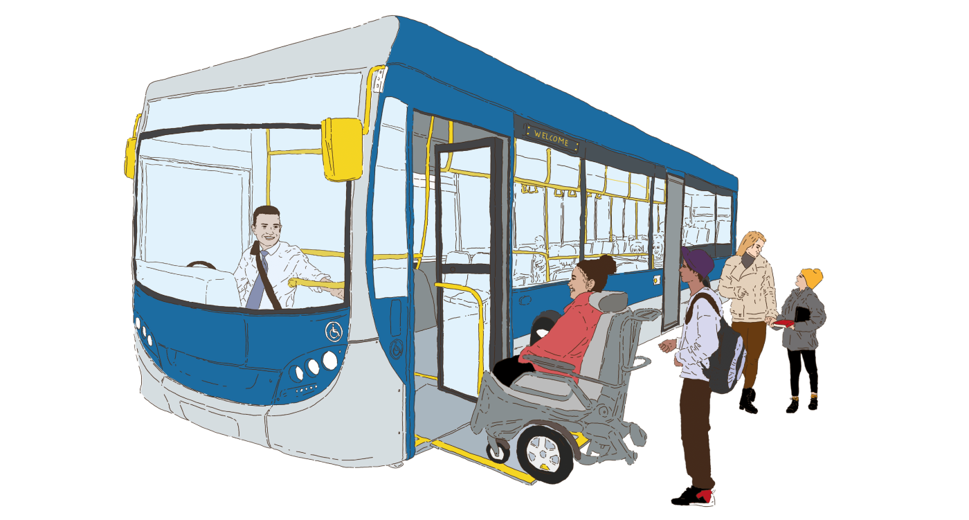 Illustration, Accessibility in action: An illustration of a wheelchair user being welcomed by a smiling bus driver while entering the bus via an accessible ramp, with three people waiting in line behind.
